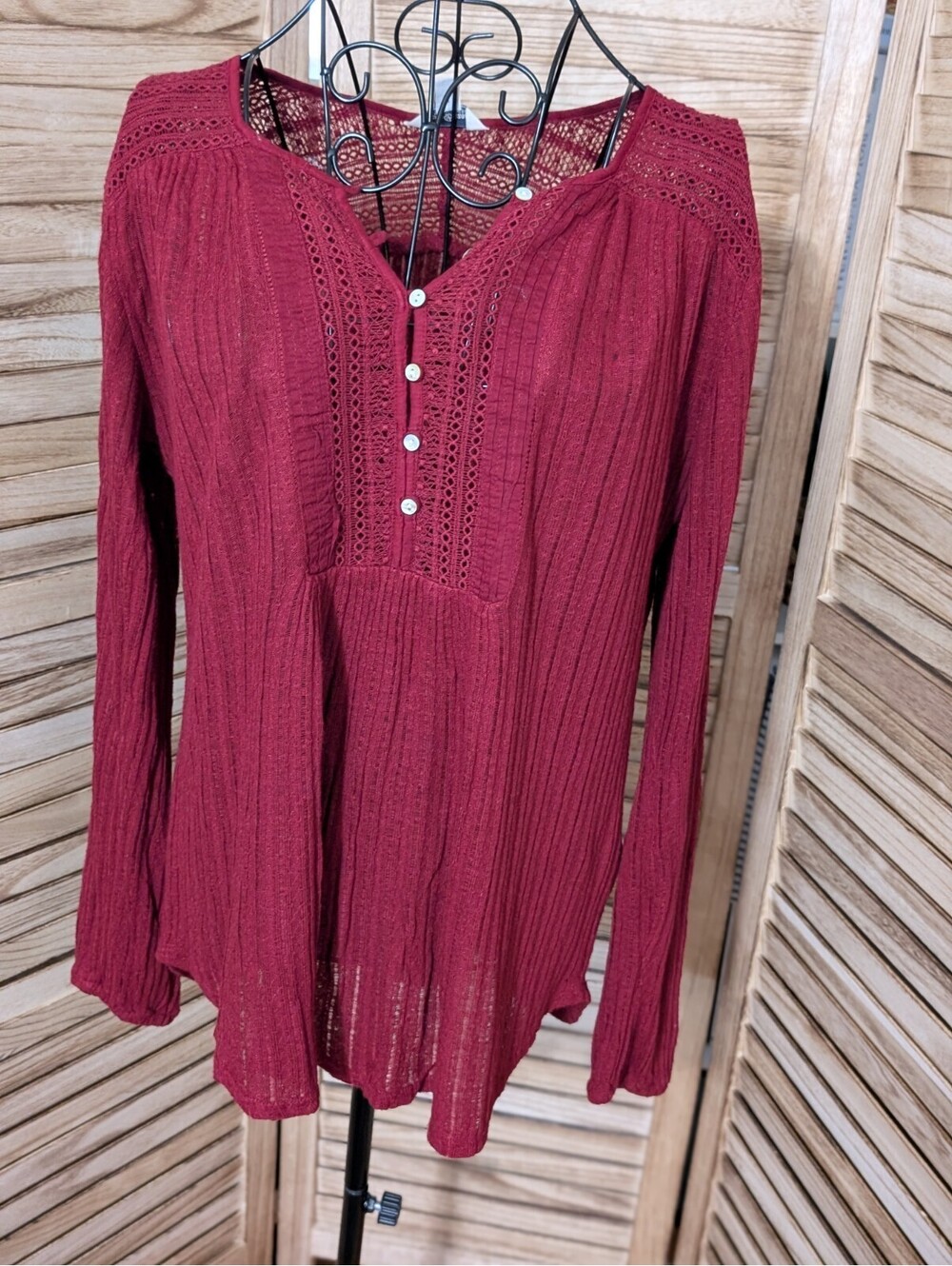 Lucky Brand red lacey henley top, Medium,  Boho, Peasant